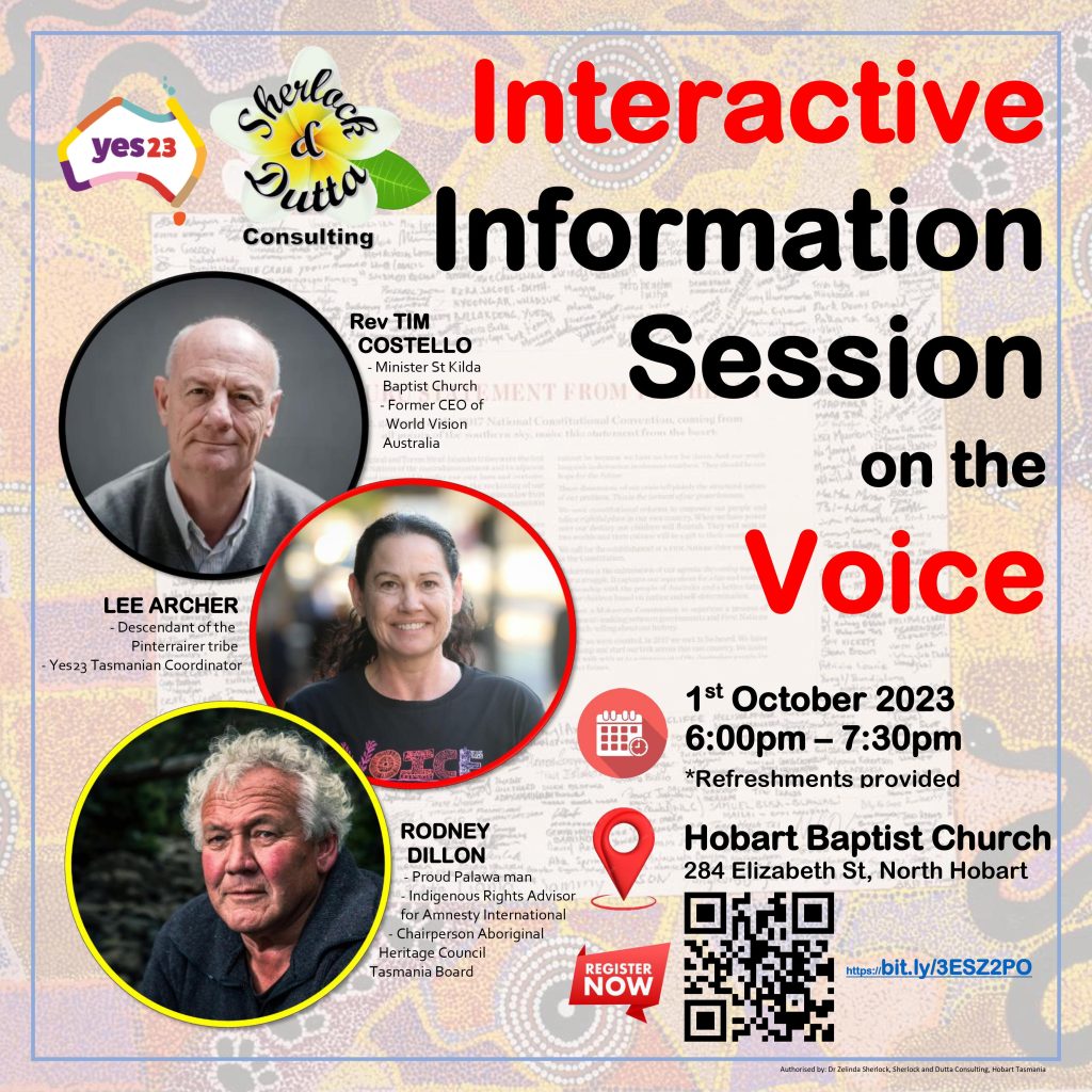 Interactive informative session on The Voice. Sun 1st Oct 2023, 6-7:30pm at Hobart Baptist. With Tim Costello, Lee Arhcer and Rodney Dillon. Refreshments provided. Register here: httpa://bit.ly/3ESZ2PO